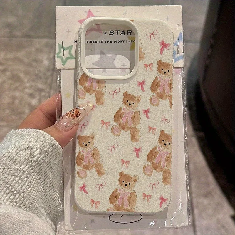 

Adorable Pink Bow Bear Design TPU Case for iPhone 17 Pro Max 16 Plus 15 14 13 12 11 XS XR X 16E 17 Air Shockproof Soft TPU Cover