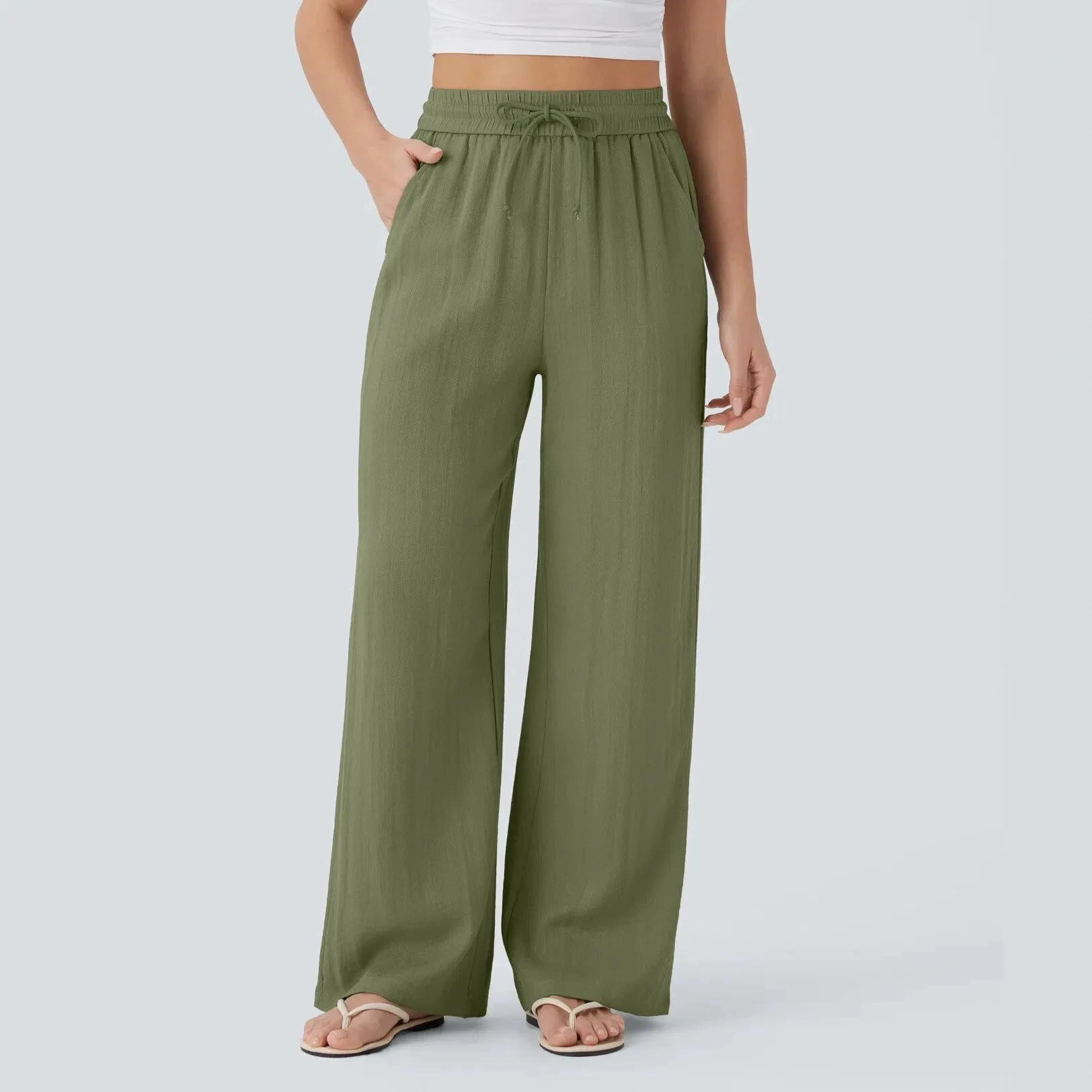 Flowy Wide Leg Linen Pants High Waist Elastic Drawstring Side Pocket Beach Casual Trousers