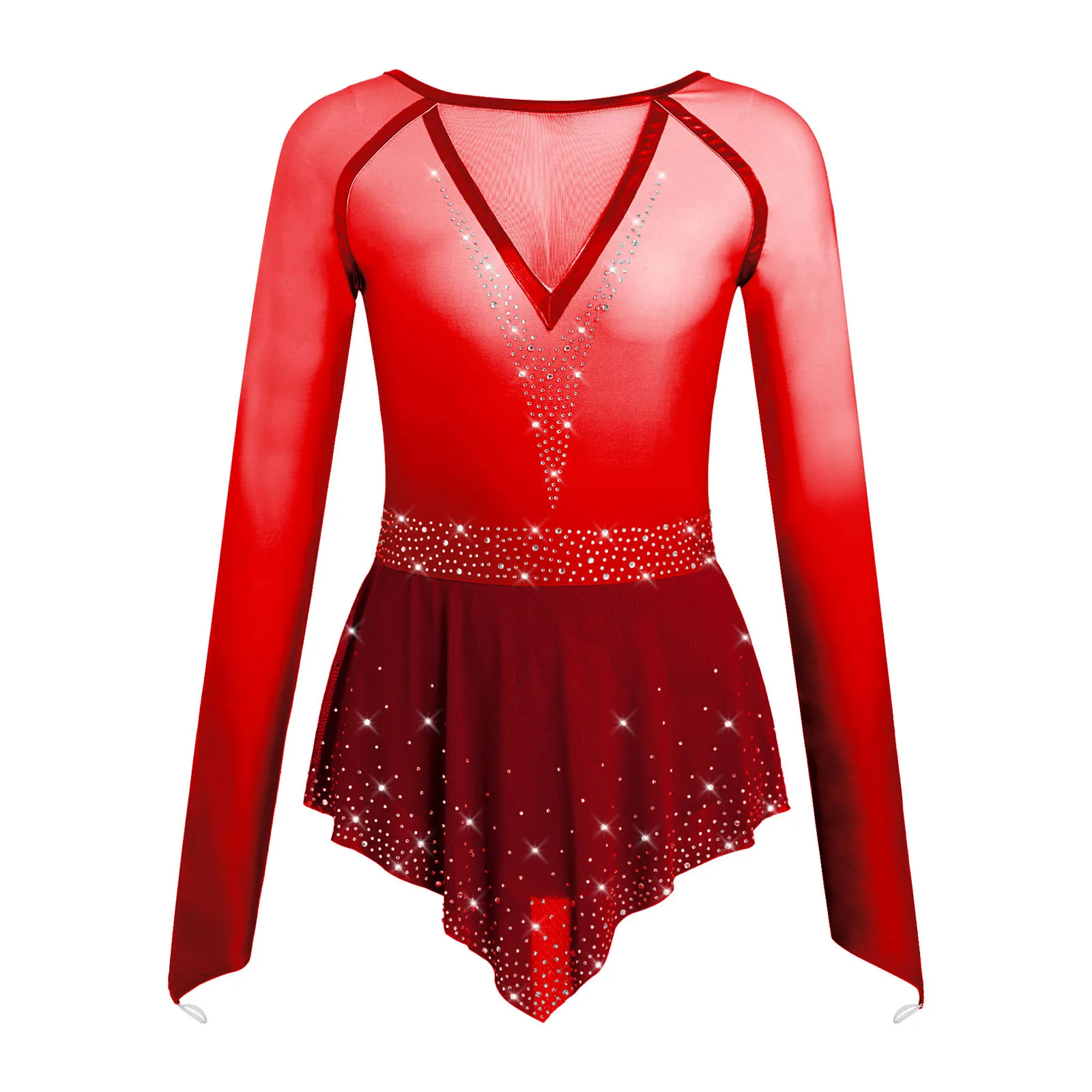 

Womens Gymnastic Ballet Bodysuit Gradient Rhinestones Long Sleeve Mesh Skirt Leotard Jumpsuit for Figure Skating Rhythmic Dance