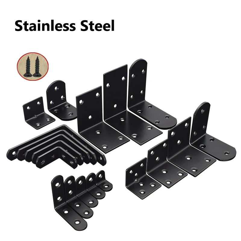 1Pcs Black Stainless Steel Flat Plate Straight Bracket L-Shaped Right-Angle Wardrobe Table and Chair Fixed Bracket