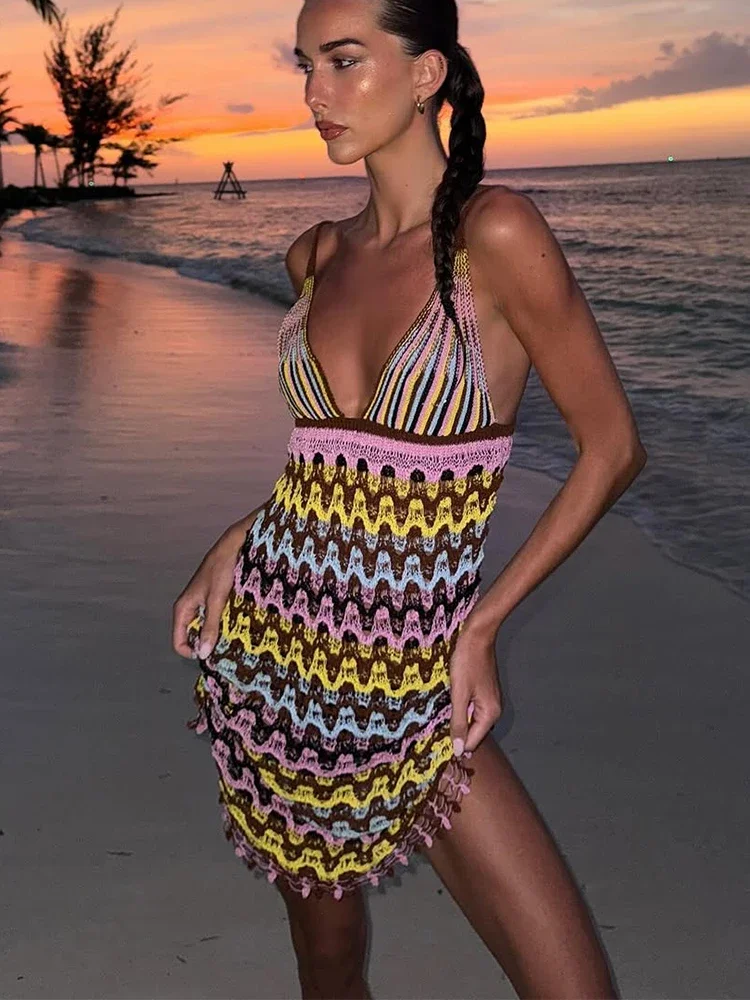 Minivestido tejido a rayas coloridas con cuello en V para mujer, vestido ajustado con espalda descubierta y hombros descubiertos, bata de fiesta en la playa para verano