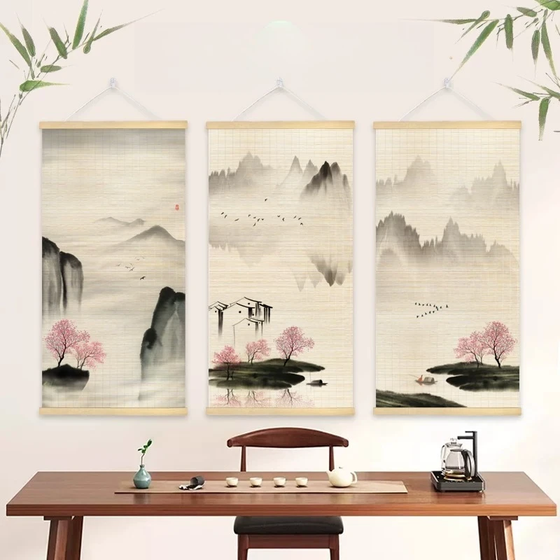 Wall Art Bamboo Scroll Ink Wash Landscape Peach Blossom Paintings Wabi Sabi Aesthetic for Living Room Entryway Tea Room Decor