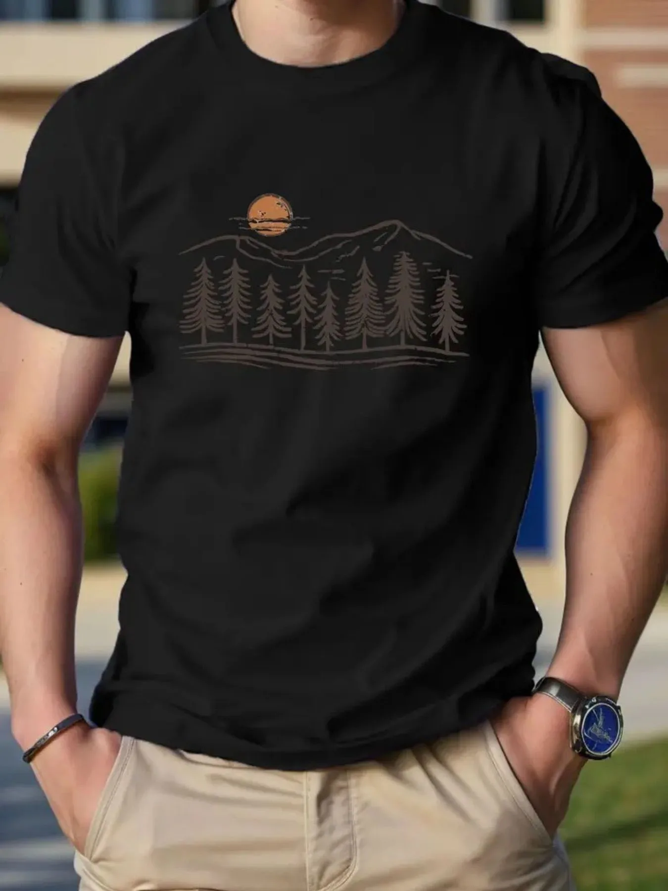 

Adventure Awaits Mountain Landscape T-Shirt - Soft Breathable Loose Fit Short Sleeve,Black with Beige Hiking & Camping