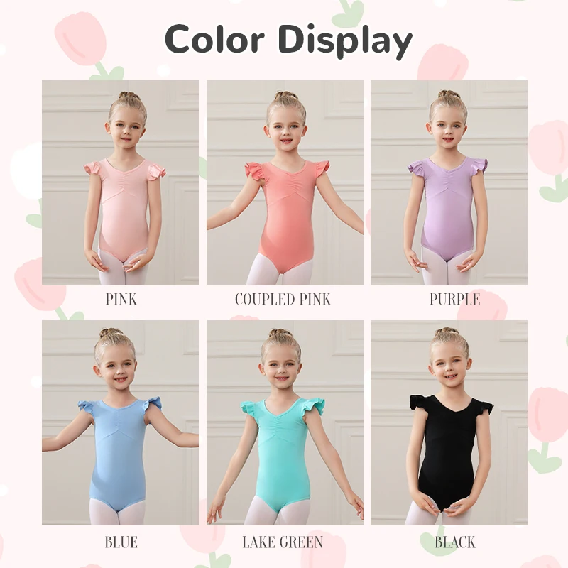 

HROYL Dance Suit Leotard Kids Lotus Leaf Sleeve Line Dance Tops Ballet Leotard Girls Bodysuit Various Colors Performance Costume