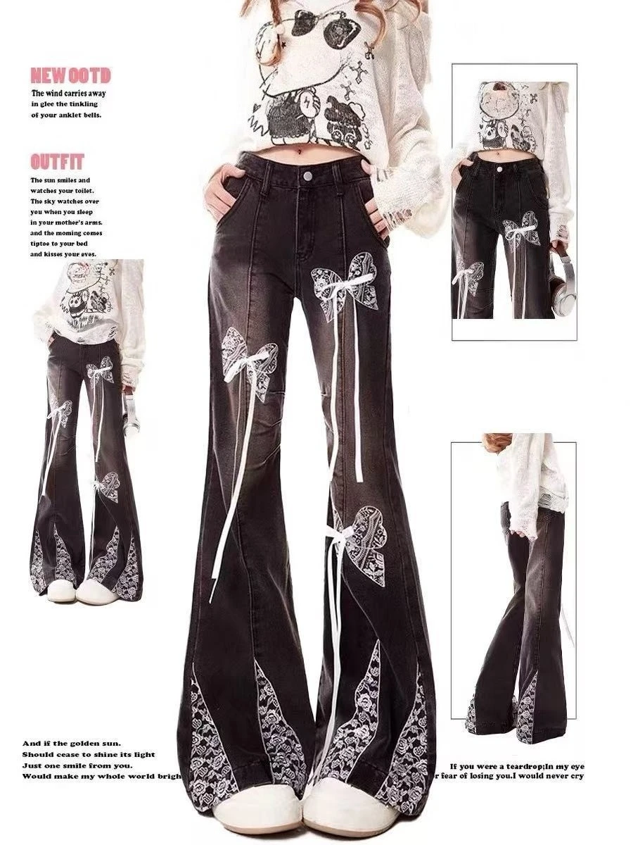 American Vintage Y2K Flared Jeans Women Black-Gray Butterfly Lace Detail Harajuku Style Spring Autumn Casual Bottoms Streetwear