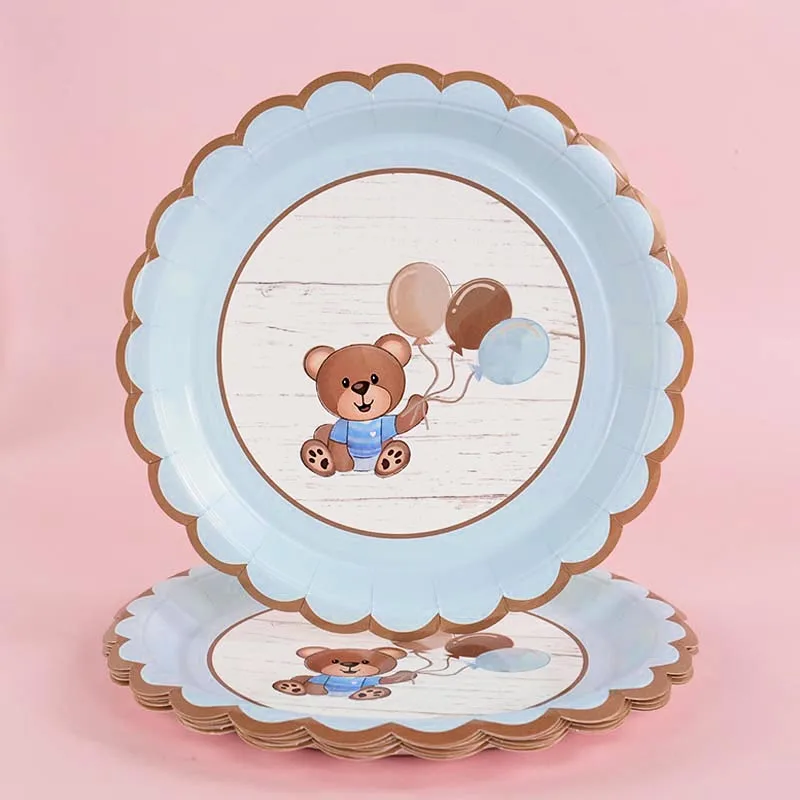 Cute Teddy Bear Disposable Tableware Set Brown Blue Plate Cup Baby Shower Kids Boy Girl Happy Birthday Party Table Decor Supply