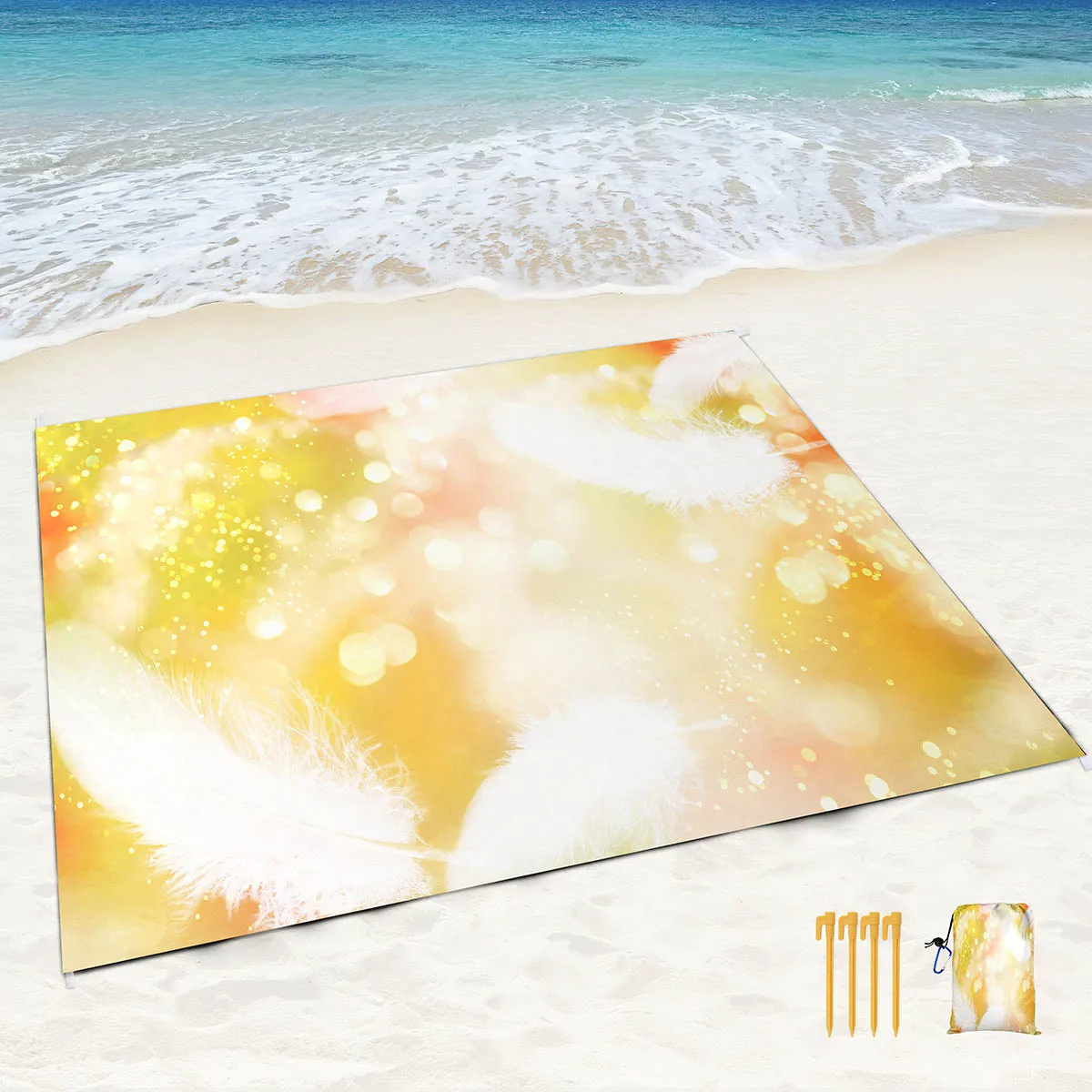 Soft Feathers Print Sandproof Beach Blanket,Beach Mat Waterproof Quick Drying Lightweight Picnic Blanket with Pocket for Travel