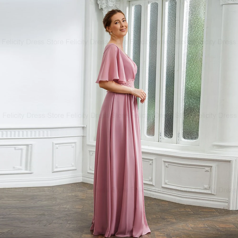 Robe d'invité de mariage en mousseline de soie à col en V A-ligne, appliques en dentelle, longueur au sol, robes de soirée longues, quelle que soit, élégante mère de la mariée, 2024