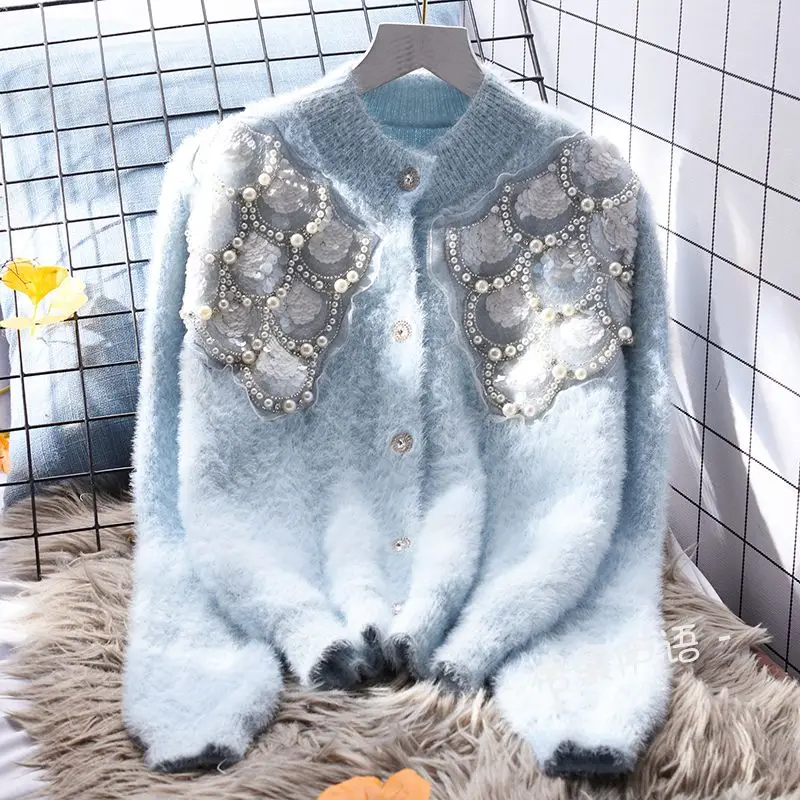 Women Imitation Mink Fleece Pearls Beaded Sweater Coat Loose Autumn Winter Shell Sequined Embroidery Knitted Cardigan Knitwear