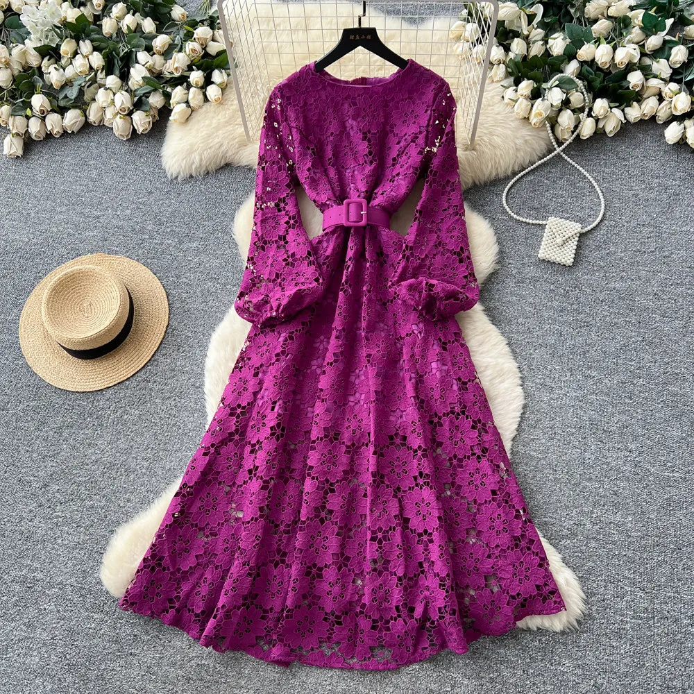 

Women Solid Dresses Hollow A Line Dress Cut Out Waist Cinch Ankle Lenth Lantern Sleeves O Neck Loose Casual Elegant 2026 Spring