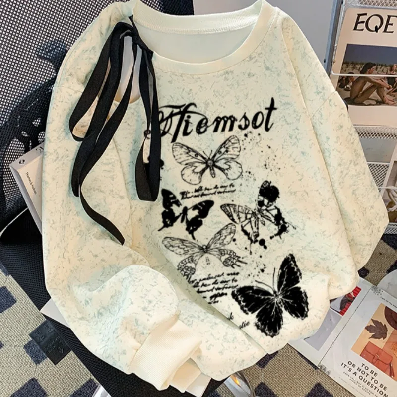 Niche Hoodies for Women O-neck Lace-up Hollow Out Fashion Korean Style Butterfly Chic Spring Autumn Long Sleeve Ulzzang Cool