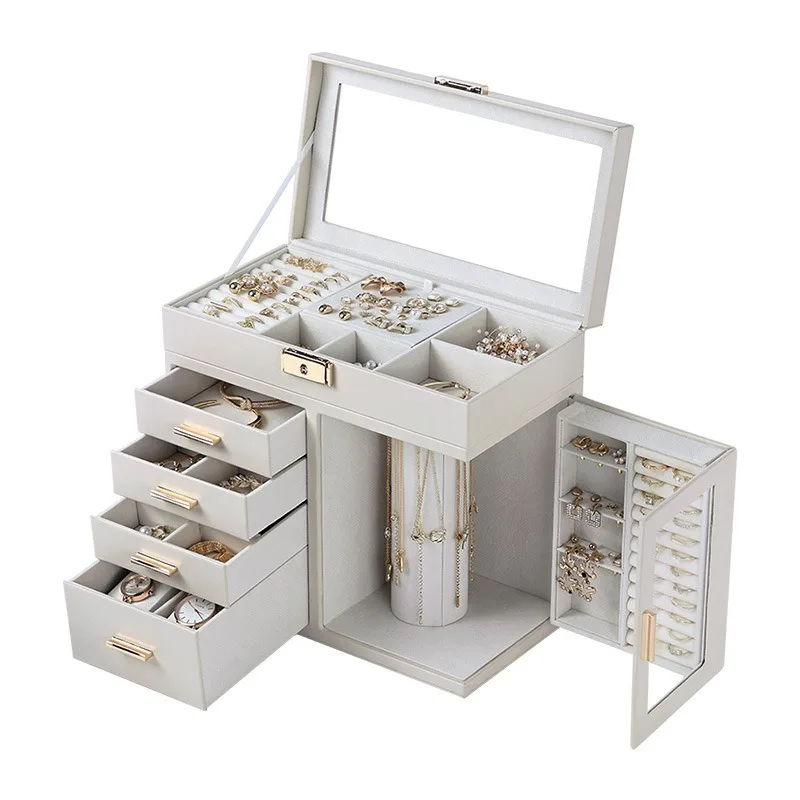 PU large capacity multi-layer desktop jewelry box with lock drawer