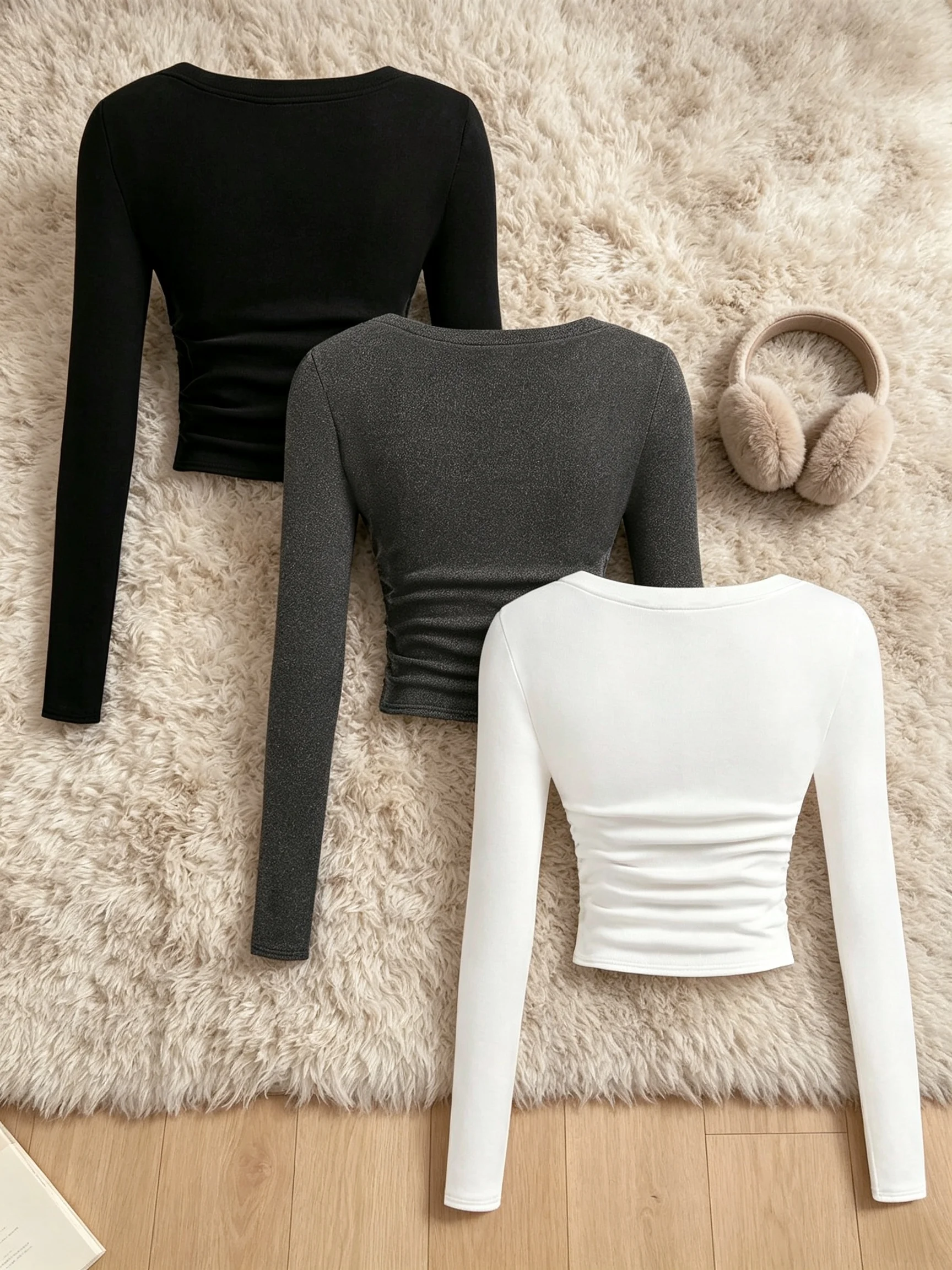 Women 3 Pack V Neck Thermal Fleece Top Long Sleeve Side Ruched Slim Fit Crop Tee Warm Fall Winter Casual Sexy Basic Shirt