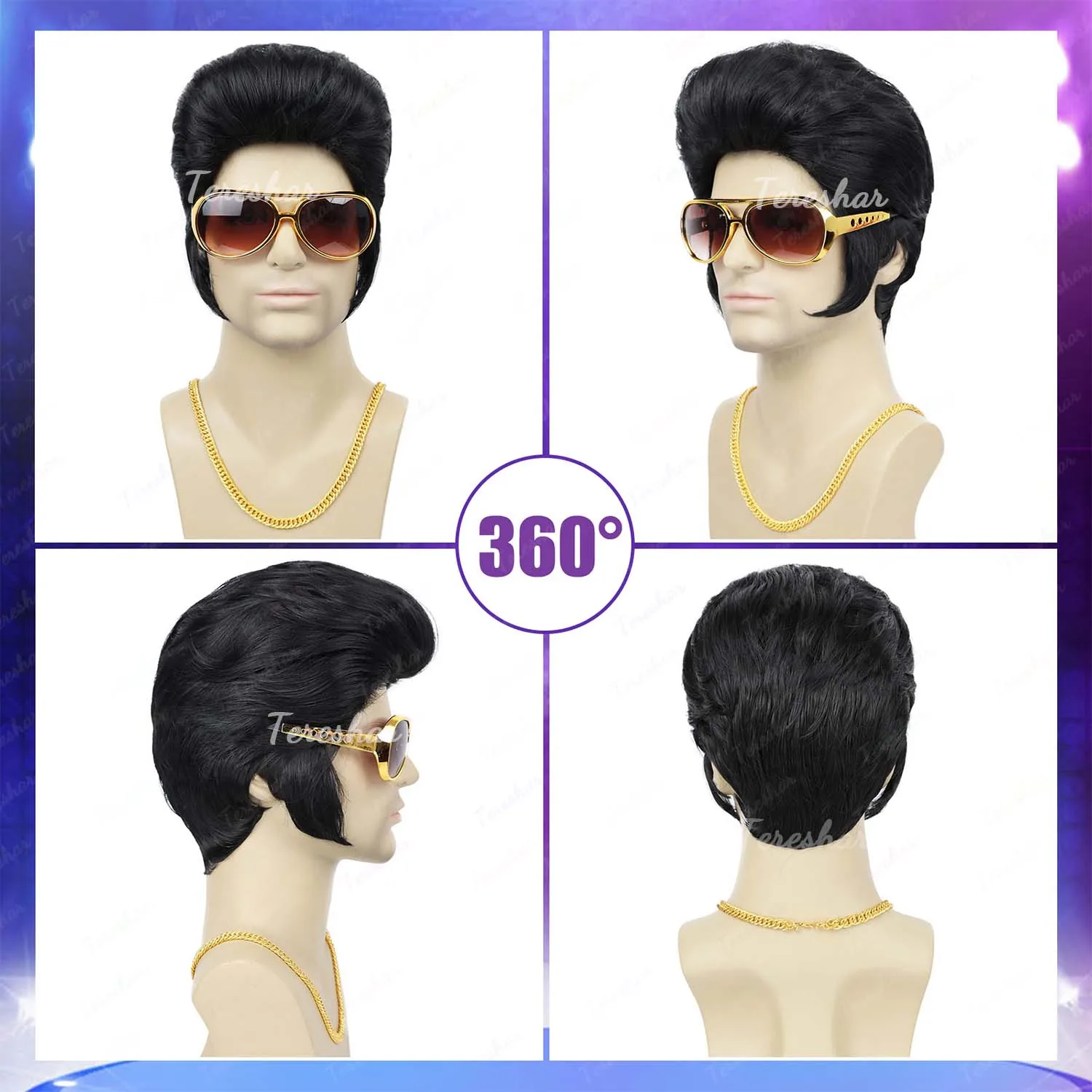 Synthetic 4pcs Set 50s Rock Wig with Sunglasses and Necklace for Men Elvis Cosplay Wig Singer Rocker  Costume Wig for Party view 4