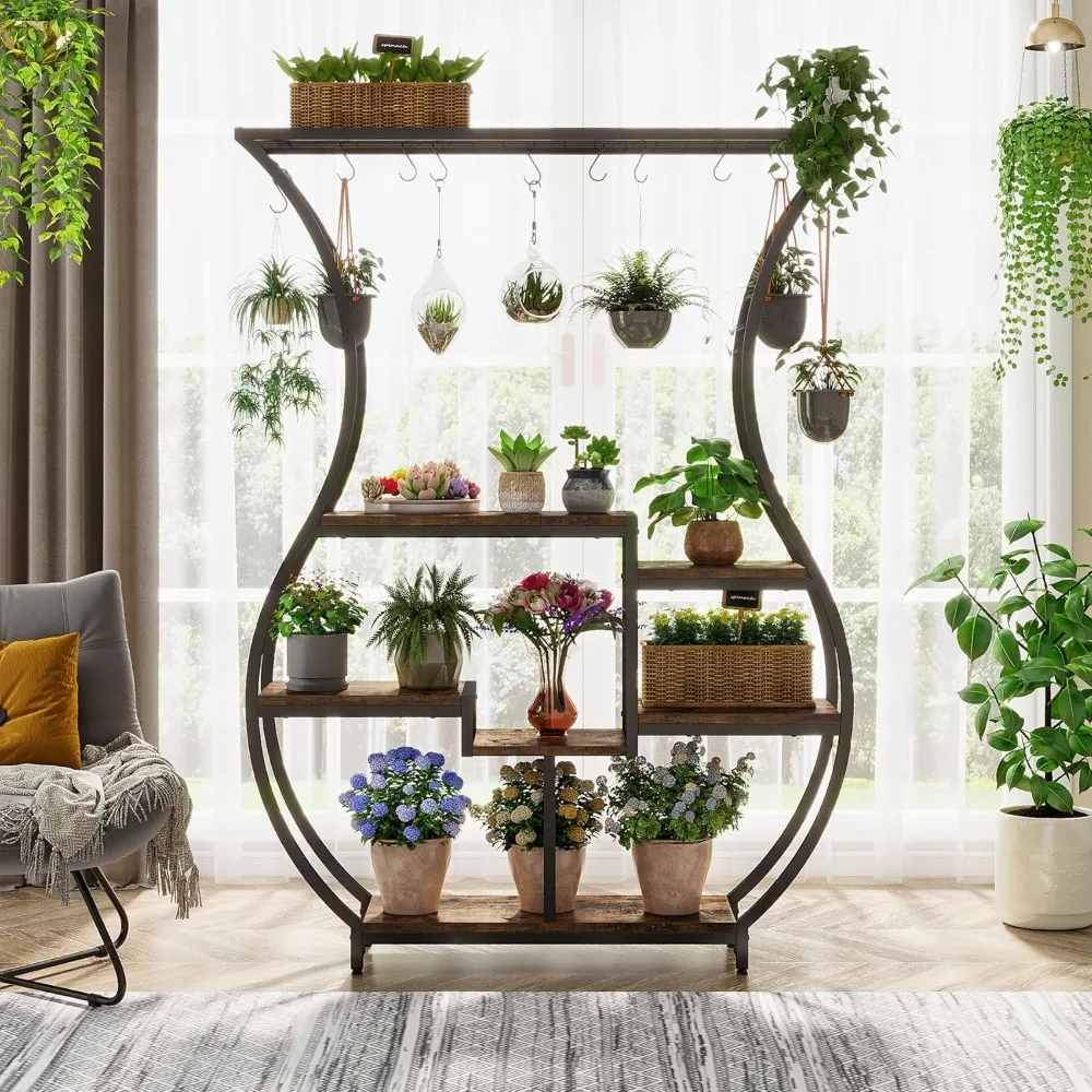 Suporte de planta de 6 camadas, prateleira de planta de 70,9 polegadas de altura com 10 ganchos de suspensão, suporte de plantas de escada em forma de vaso, rack de exibição de plantas de uso