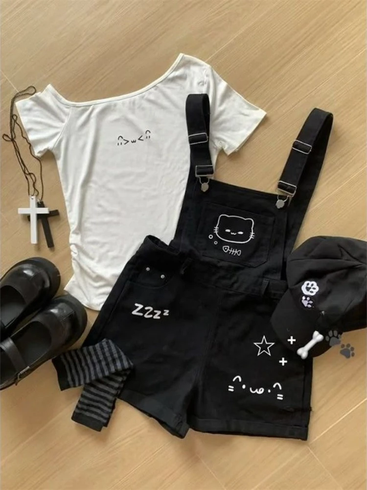 HOUZHOU Two Piece Sets Women Kawaii White Cartoon Graphic Short Sleeve Tshirts Black Overalls Sweet Japanese Preppy Slim Casual
