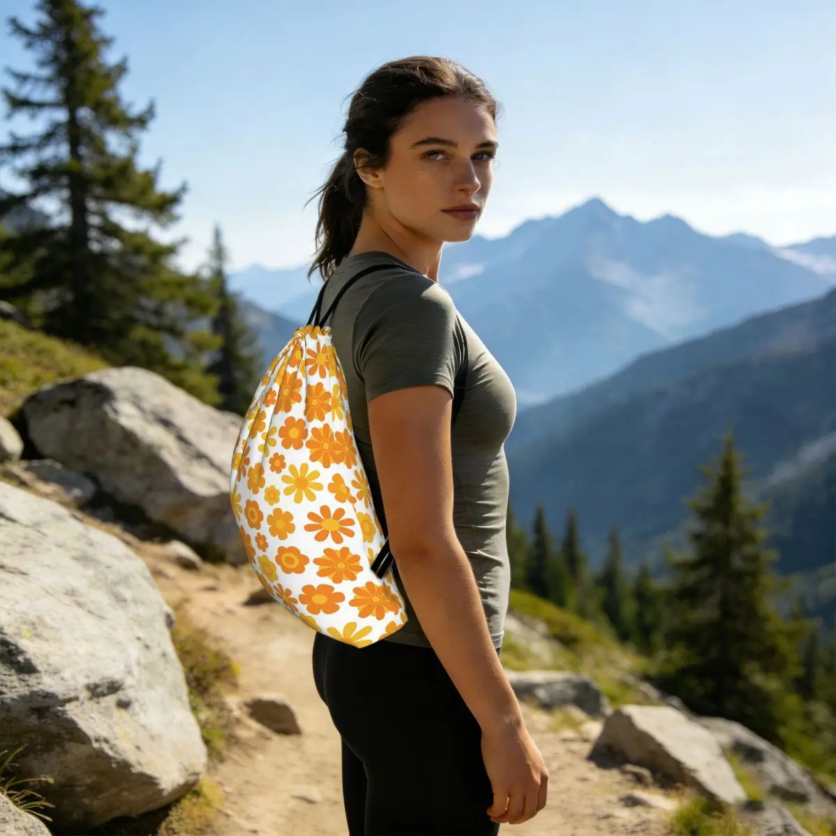 Orange And Yellow Flowers Pattern Backpacks Casual Drawstring Bags Storage Bag Book Bags for Man Woman School