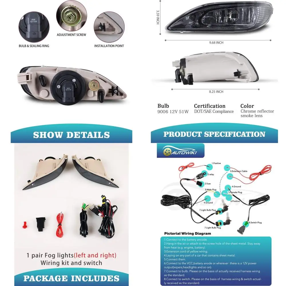 

Модернизированные противотуманные фары с дымовыми линзами и комплектом проводов для Camry 2002-2004, 2005-2008 Corolla и 2002-2003 Solara (2 шт.