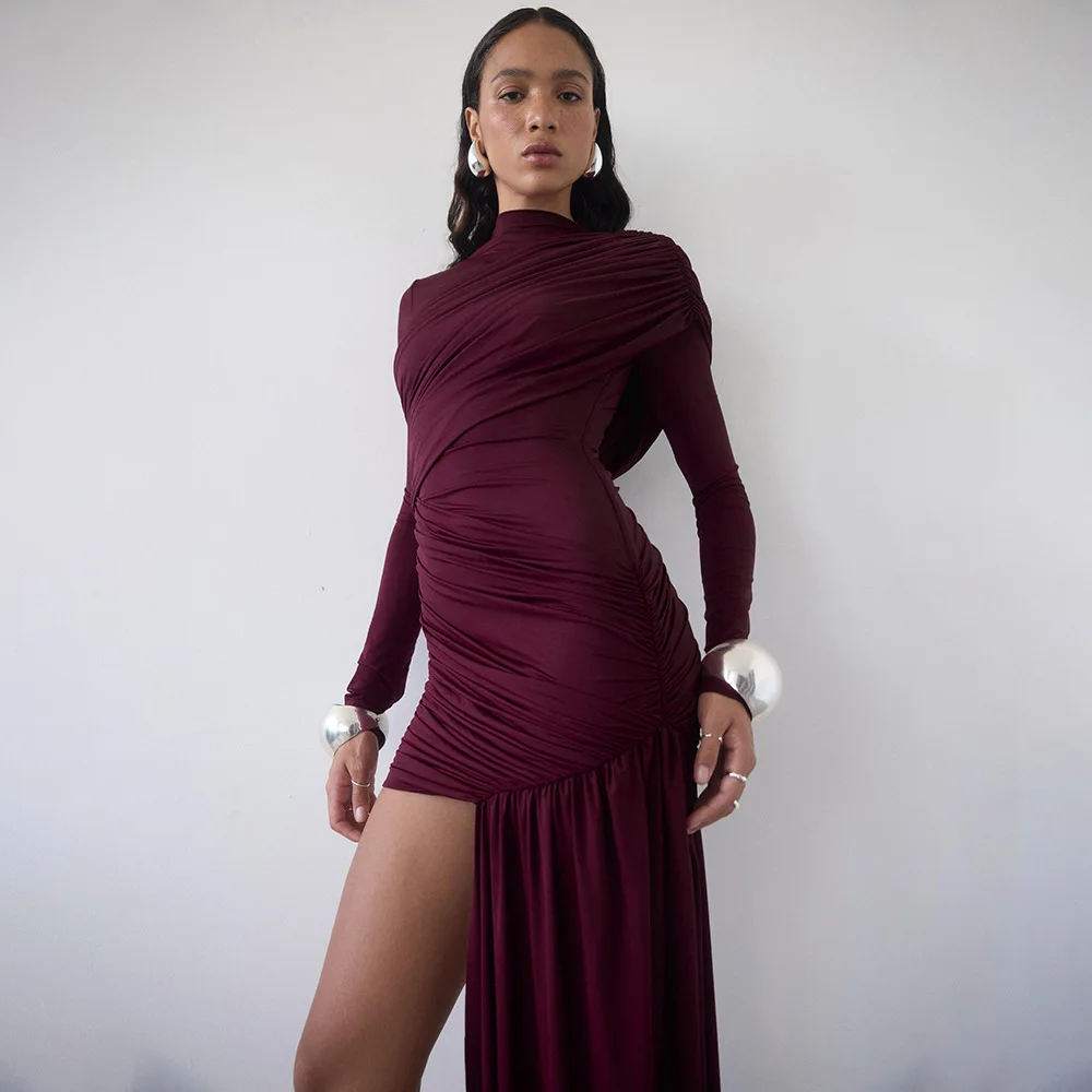 

FL Women's New Style Pure Color Round Neck Pleated Hip-Hugging Ribbon Long Sleeve Slim-Fitting Dress 2026
