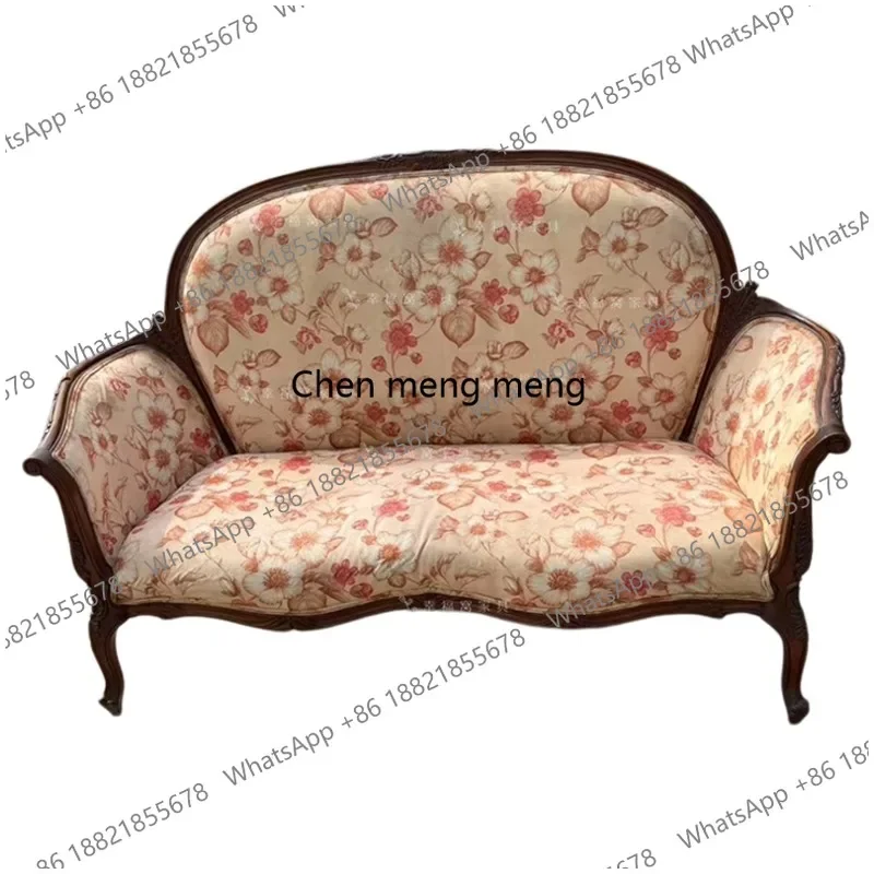 M178 American solid wood carving flower old double sofa fabric sofa French medieval leisure chair