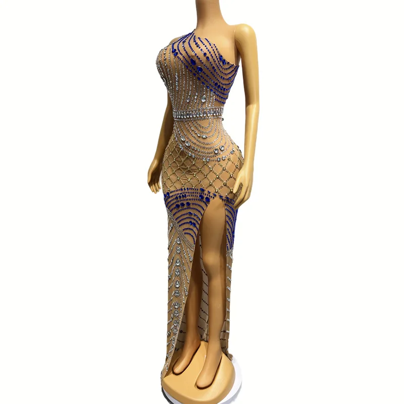 Irregular Shoulder High Split Sexy Sparkling Diamond Sparkling Performance Dress Robe Cocktail Luxe Chic And Sweet Evening Dress