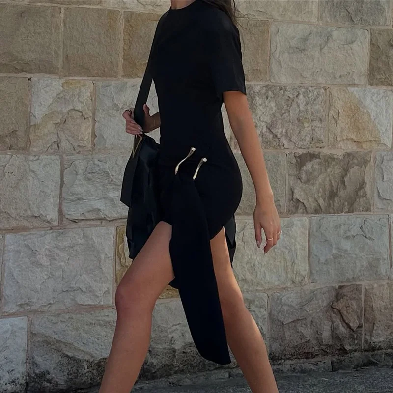 Sukienka mini w stylu Y2K z metalową klamrą, dopasowana, codzienna, z okrągłym dekoltem, krótkim rękawem, elegancka, w jednolitym kolorze, podkreślająca figurę, rozmiar 15