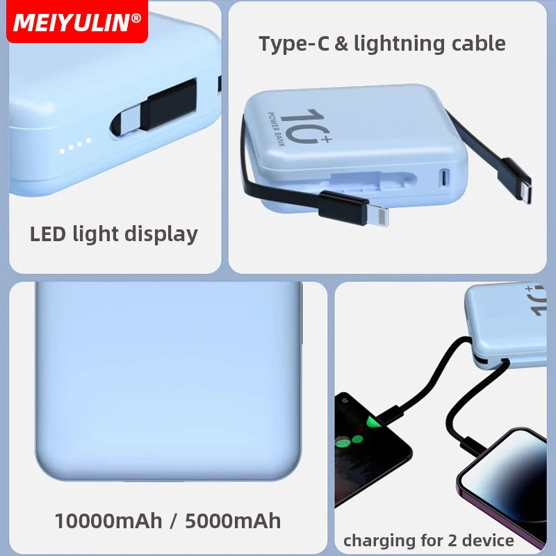 미니 보조배터리 내장 C 타입 케이블, 휴대용 고속 충전 모바일 외장 배터리, 아이폰 샤오미 삼성용, 10000mAh, 5000mAh