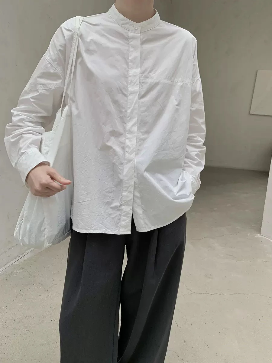 

Свободная женская рубашка с рукавами-бананами, белая, повседневная, с длинным рукавом, воротником-стойкой, 100% хлопок, темно-осенняя, модная, универсальная