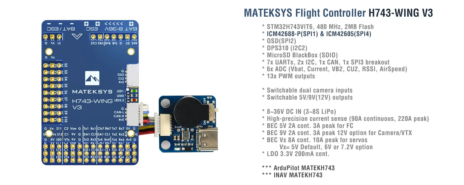 MATEK H743-WING V3 ArduPilot INAV 3-8S H743 Flight Controller FC 30.5X30.5mm for RC Airplane Multirotor Fixed-Wing Dr ones