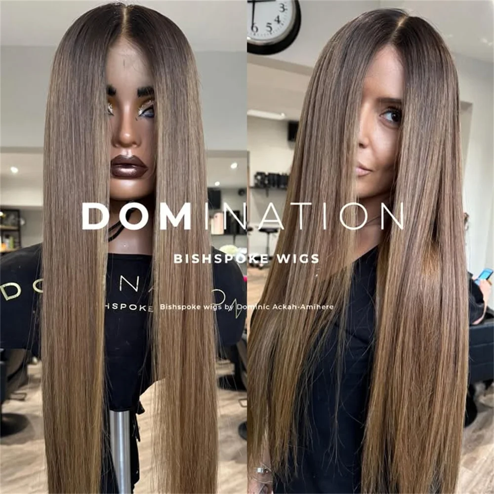 

30-дюймовый супердлинный прямой парик с кружевной передней частью 13x4, оттенок холодного коричневого брюнета, предварительно сформированный, мягкий, термостойкий, для косплея