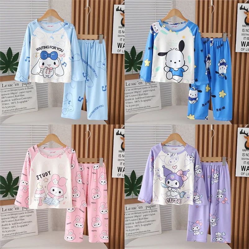 Anime Sanrio Pochacco Cinnamoroll Kuromi Children Loungewear My Melody Spring Autumn Long Sleeve Round Neck Girls Nightwear Set