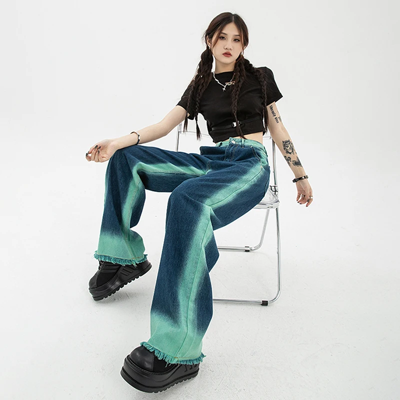 Vintage Raw Edge Stitching Color Y2k Baggy Jeans Women Korean Autumn Winter Women's High Waist Straight Wide Leg Denim Pants