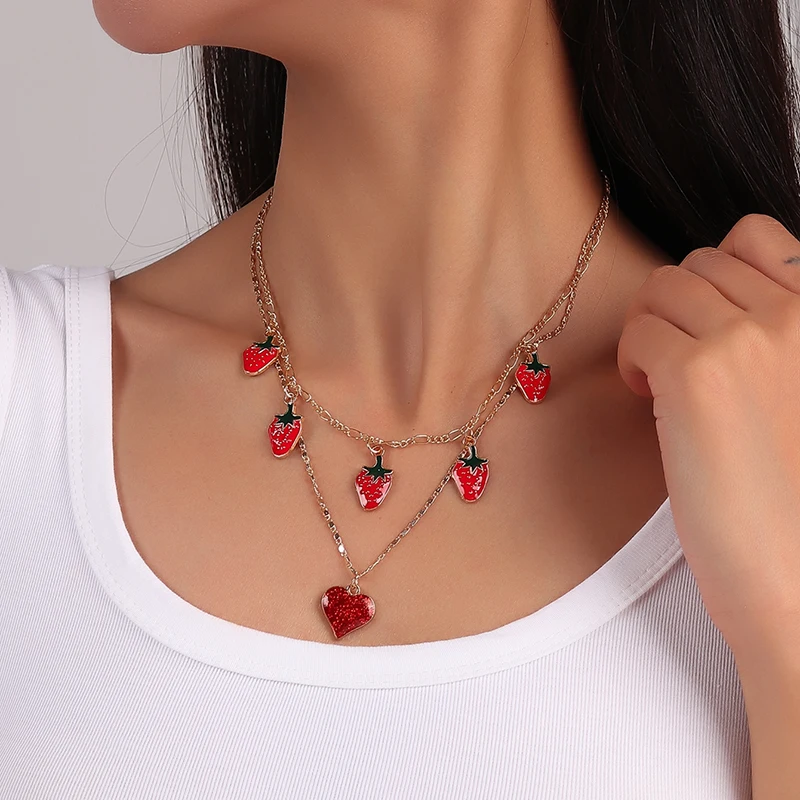 Aihua Boho Gold Farbe Rotes Herz Kirsche Halskette Romantische Süße Einfache Schlüsselbein Halsketten für Frauen Kragen Mode Schmuck Geschenke – Detail 9