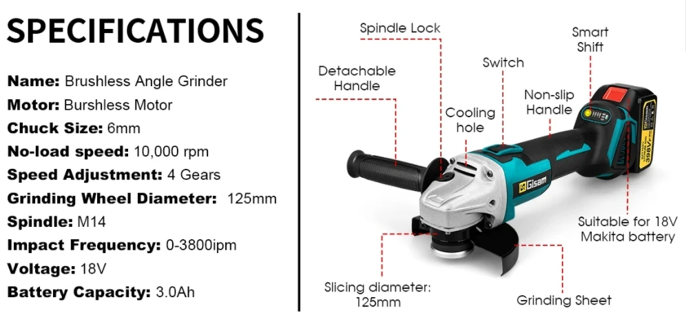 Electric Angle Grinder For Makita 18V Battery 100/125mm 4 Speed Brushless Grinding Machine Cordless DIY Woodworking Power Tool