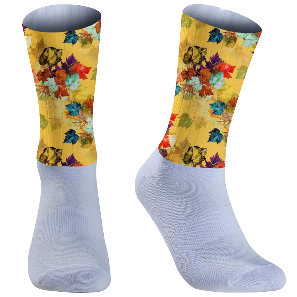 Calcetines de ciclismo con estampado de hojas de arce para hombre, Medias de Color de contraste de arcoíris, talla grande a rayas, novedad