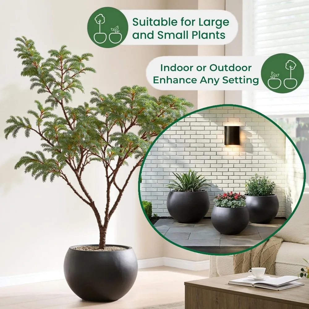 زارع كروي أسود كبير مع تصريف، 16.6 فتحة × 14.8 ارتفاع، أصيص زهور خارجي مقاوم للطقس #4