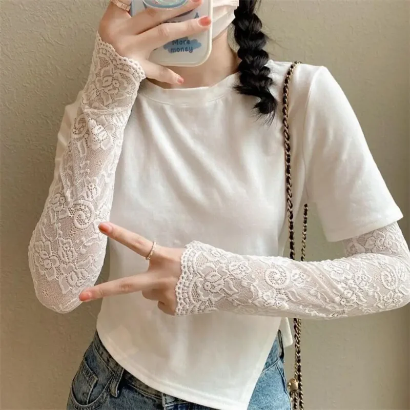 1 Pair Cycling Sun Protection Sleeves Lace Flower Embroidery Solid Color Thin Breathable Mesh Outdoor Driving Ani-UV Arm Covers
