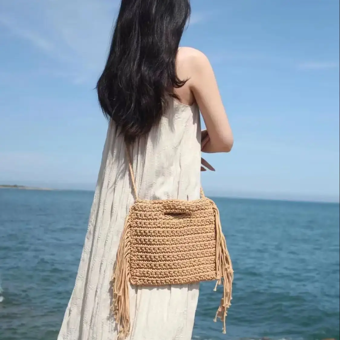

Handwoven Cotton Rope Beach Bag with Tassels Bohemian holiday Tote for Women Knitted Crossbody Purse Summer Travel EcoFriend bag