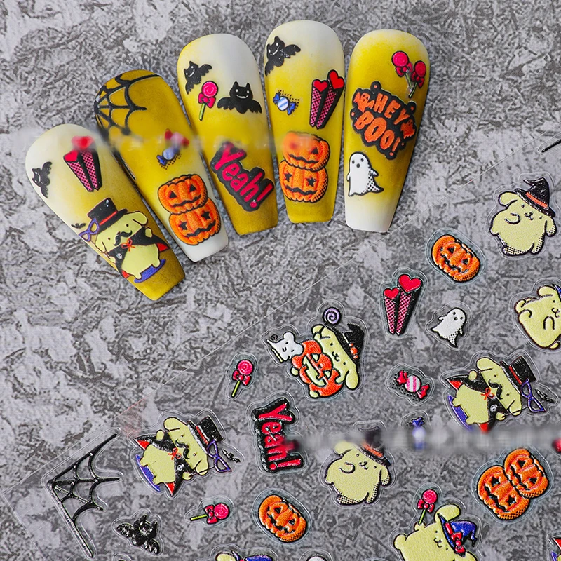 5D Halloween Sanrio Hello Kitty Kuromi Melody Pochacco Cinnamoroll Pumpkin Relief Nail Stickers Nail Art DIY Decoration