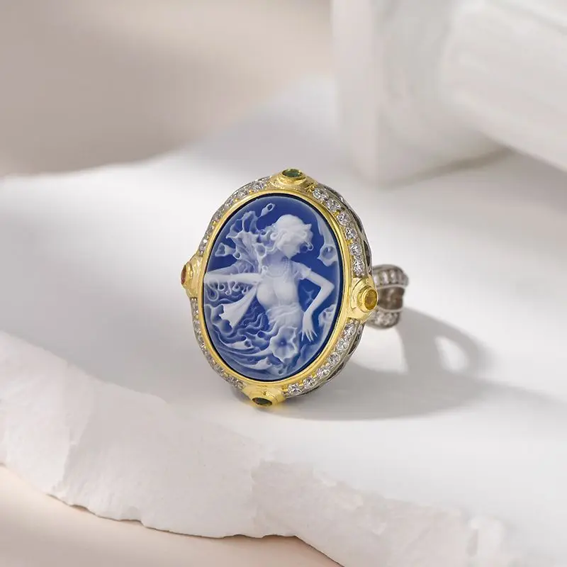 TZgrams Goddess Cameo Ring for Female 925 Sterling Silver Two Tone Cocktail Ring Natural Blue Agate White Shell Trending Jewelry