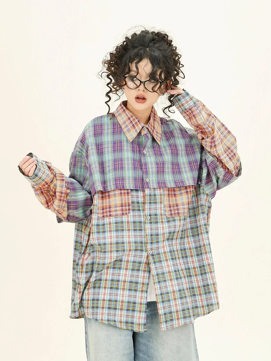 Contrasting Color Plaid Splicing Long-sleeved Shirts 2024 Autumn New Loose Bf American Retro Top Women