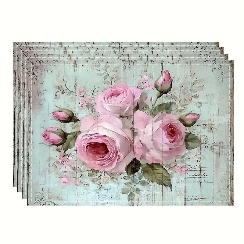 4-Pack Pink Rose Vintage Placemats Shabby Chic Design Washable Linen Table Mats for Romantic Dinner Kitchen Decor