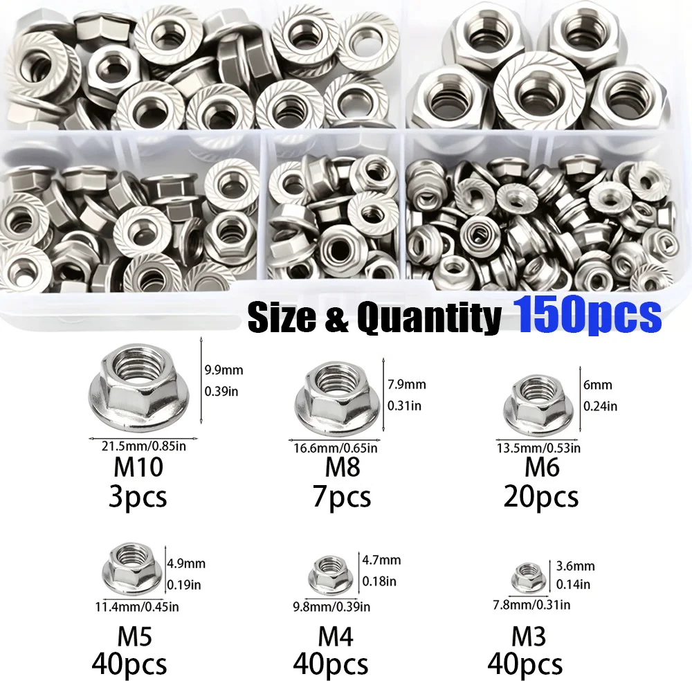 150-Piece Stainless Steel Hexagonal Flange Nut Set M3-M10, for Maintenance of Mechanical Parts and Home Outdoor Construction.