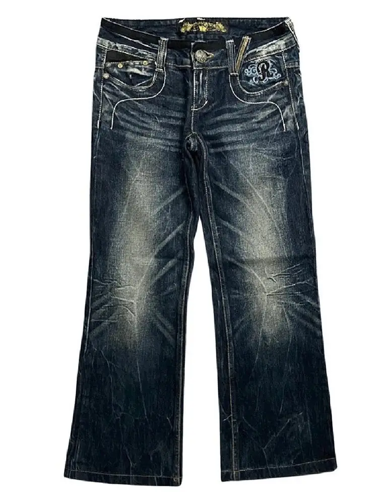 American Style Low Rise Slight Flare Heavyweight Denim Jeans with Butterfly Embroidery Y2K High Street Slimming Fit for Women