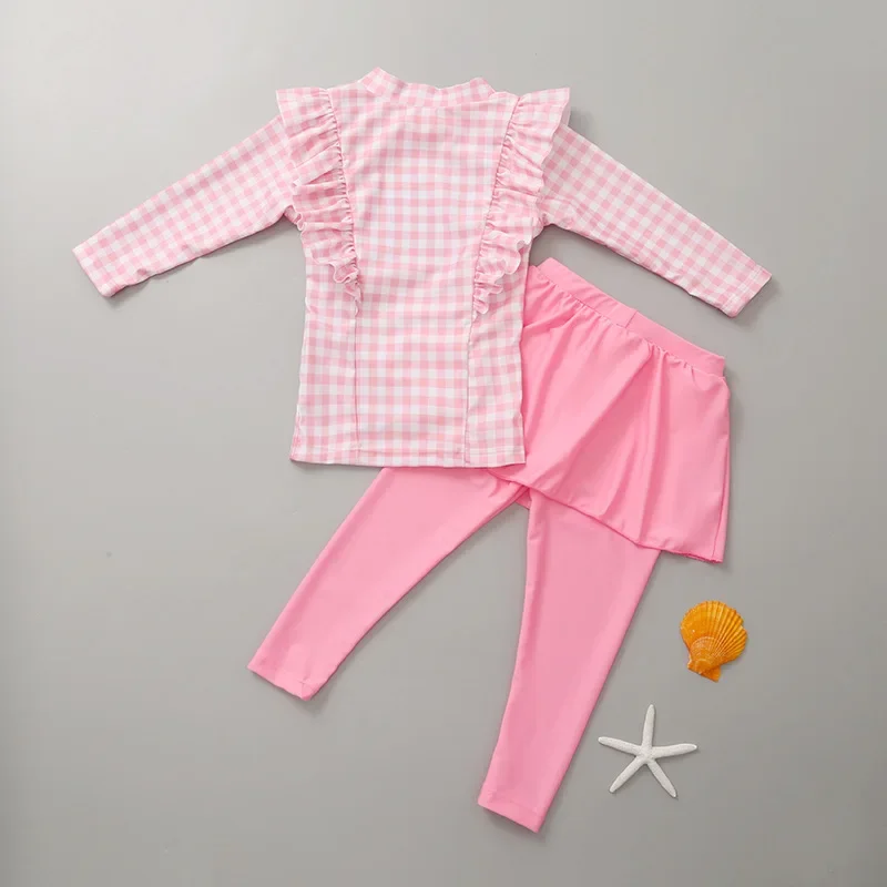 Bild 3: Sommer Mädchen Zwei-stück Badeanzug Langarm Plaid Brief Drucken Sonnencreme Quick-Dry Tankini Baby Mädchen Bademode Urlaub beachwear