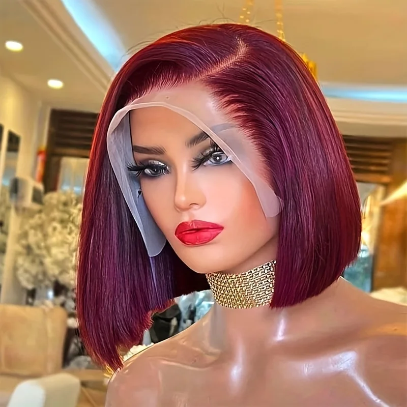 200% Density 13x4 Lace Front Human Hair Wigs 99J Colored Glueless HD Transparent Burgundy straight Lace Frontal Wig