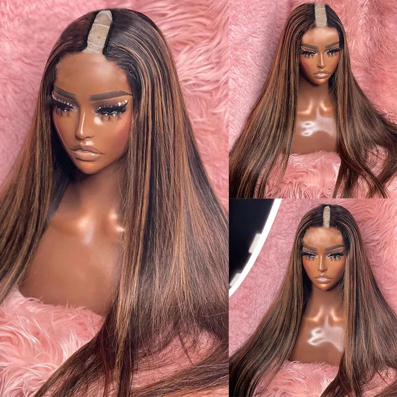 Highligh Dark Chocolate Brown V Part Wigs Silky Straight 100% Human Hair Wig Unprocesse Ombre Honey Blonde U Shape Full End 30''