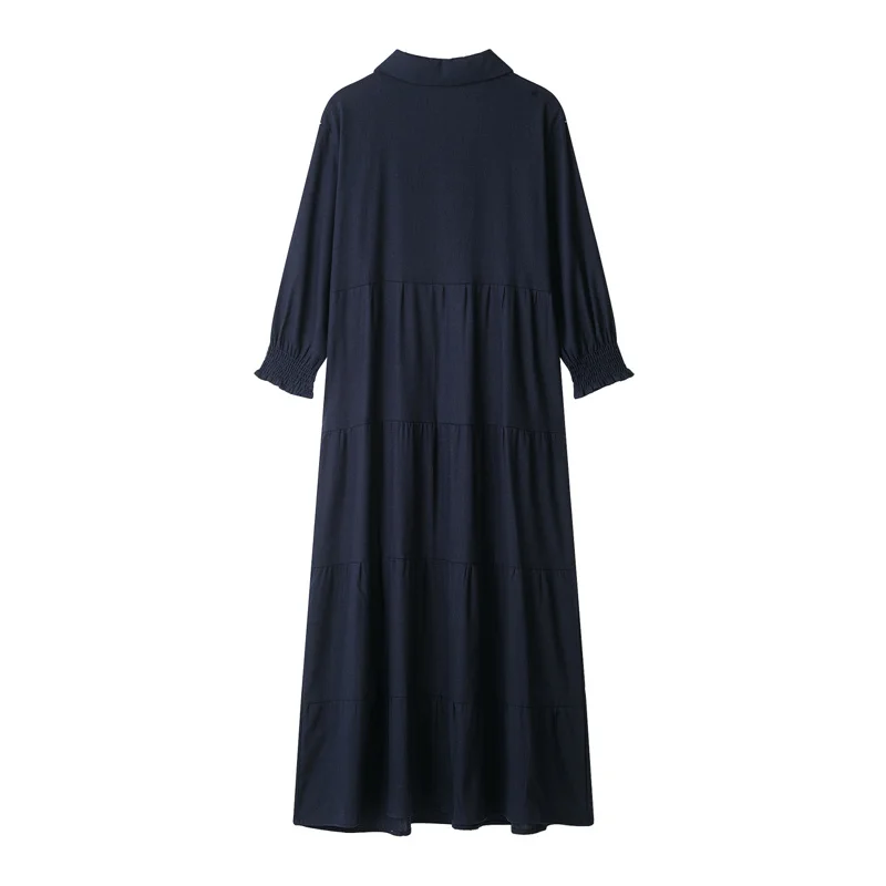 KEYANKETIAN Office Tiered Midi Dress Lapel Deep V Neck 3/4 Elastic Cuff Sleeve Gathered Waist Navy Blue Layered Cake Long Dress