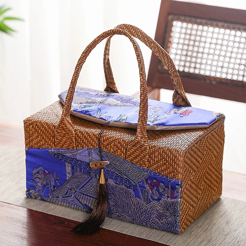 Retro Rattan Storage Bag, Rattan Weaving Handbag, Cups Sealed Tea Can Gift Box, Internally Separated Outdoor Travel Organizer