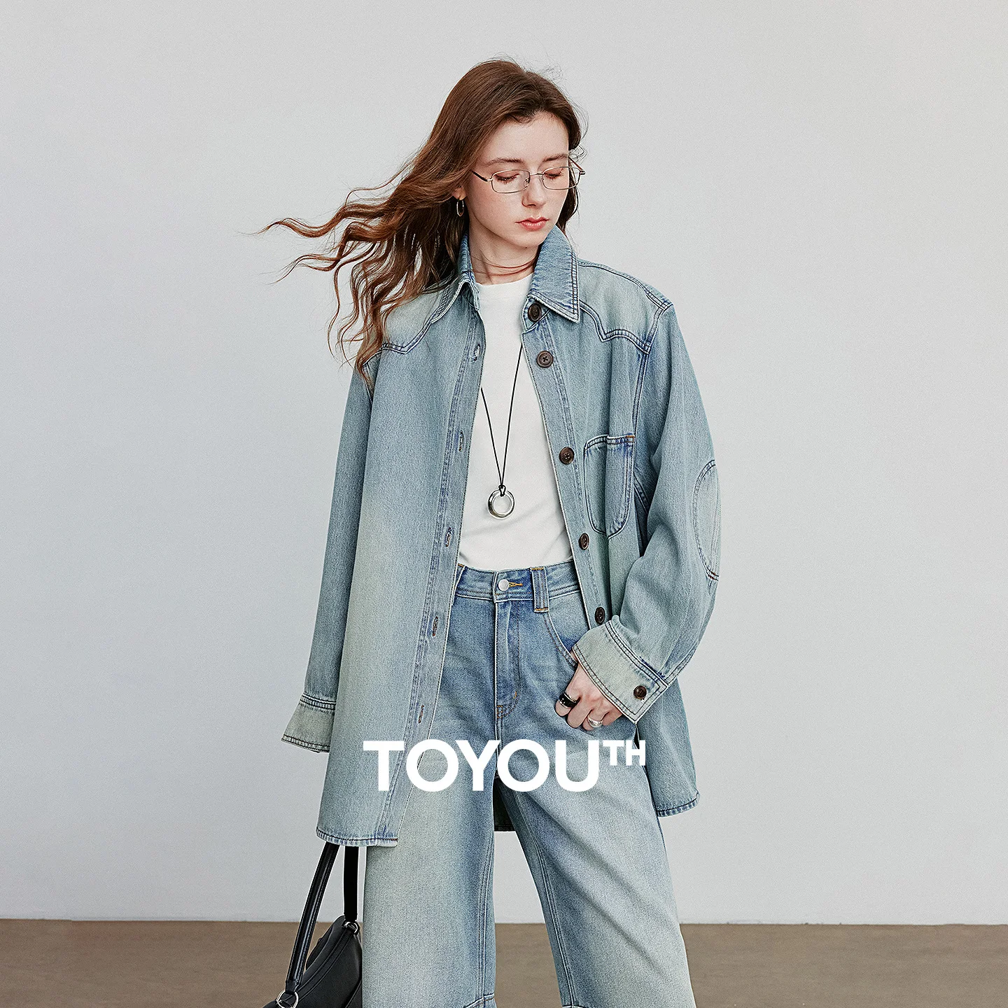 

TOYOUTH Female Denim Jacket 2025 Autumn New Turn Down Collar Single Breasted Button Pure Cotton Medium Long Coat